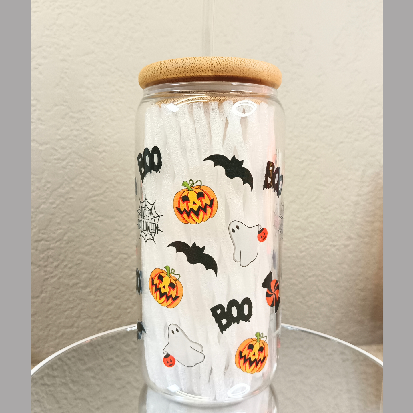 Halloween Clear Glass Cup with Bamboo Lid and Glass Straw – 16oz / 20oz