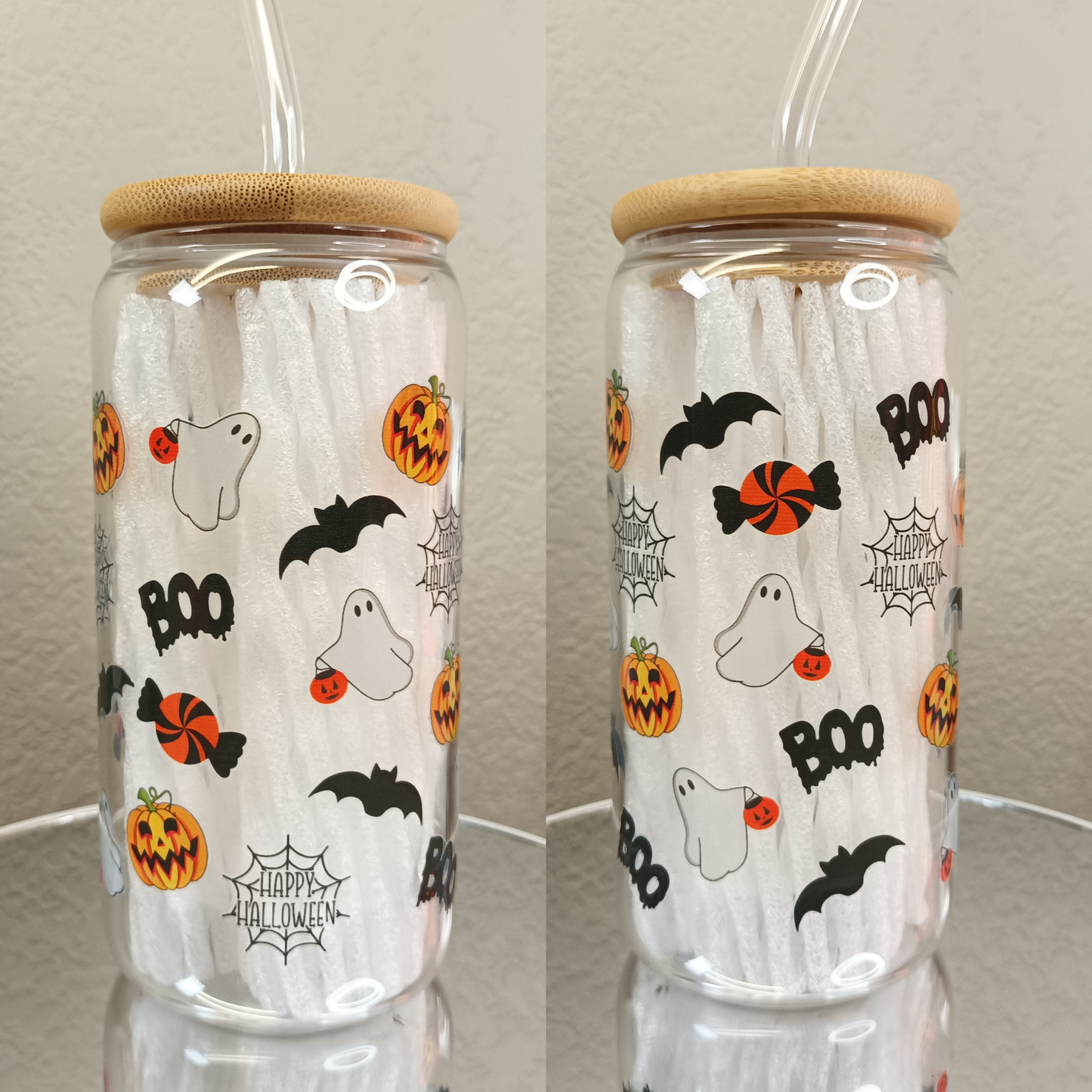 Halloween Clear Glass Cup with Bamboo Lid and Glass Straw – 16oz / 20oz