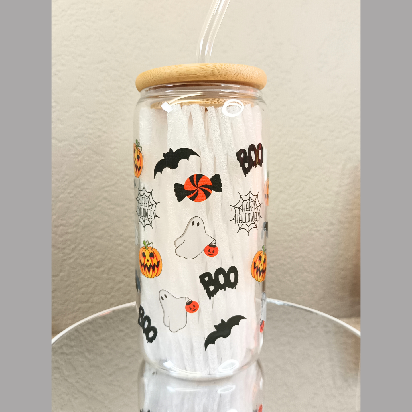 Halloween Clear Glass Cup with Bamboo Lid and Glass Straw – 16oz / 20oz