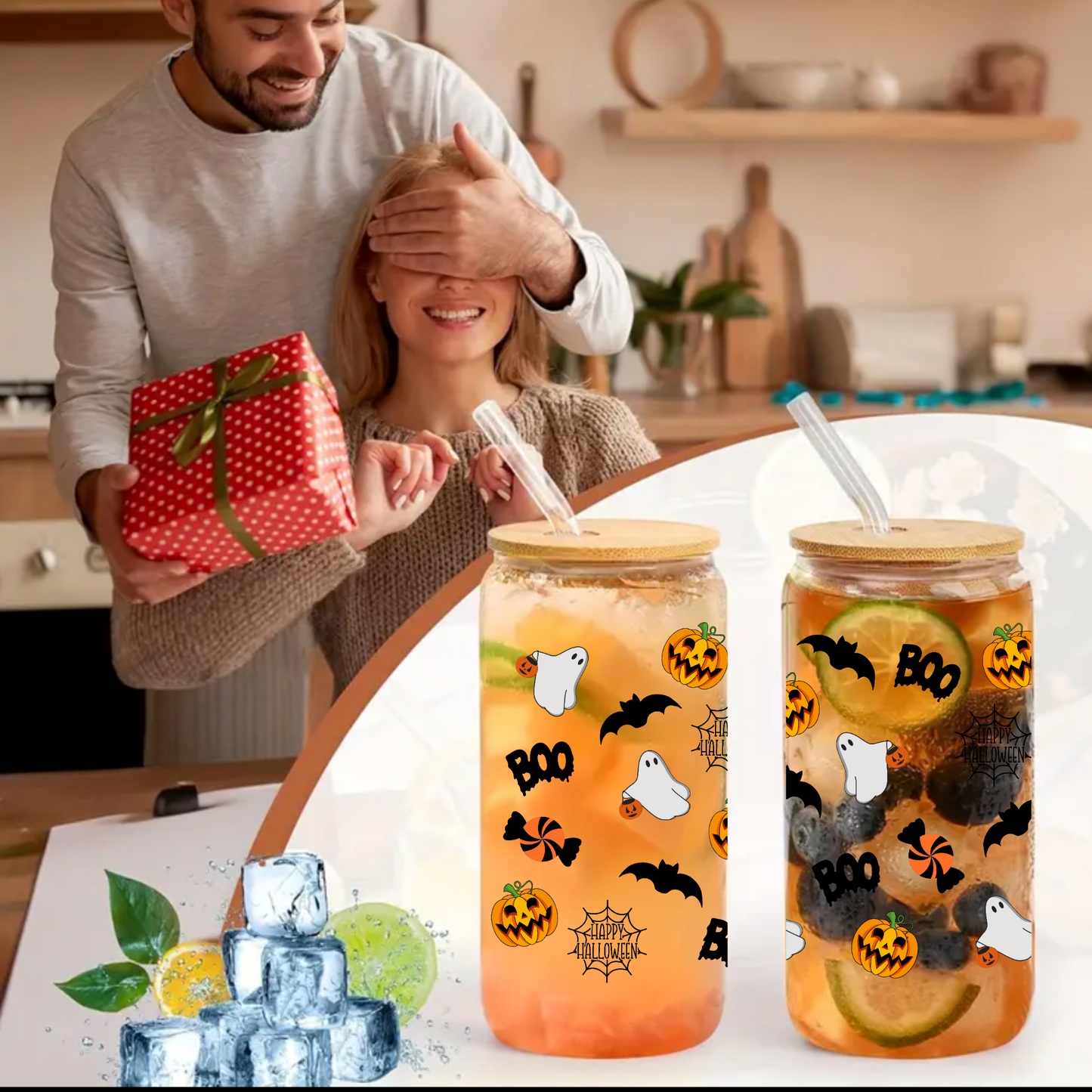 Halloween Clear Glass Cup with Bamboo Lid and Glass Straw – 16oz / 20oz