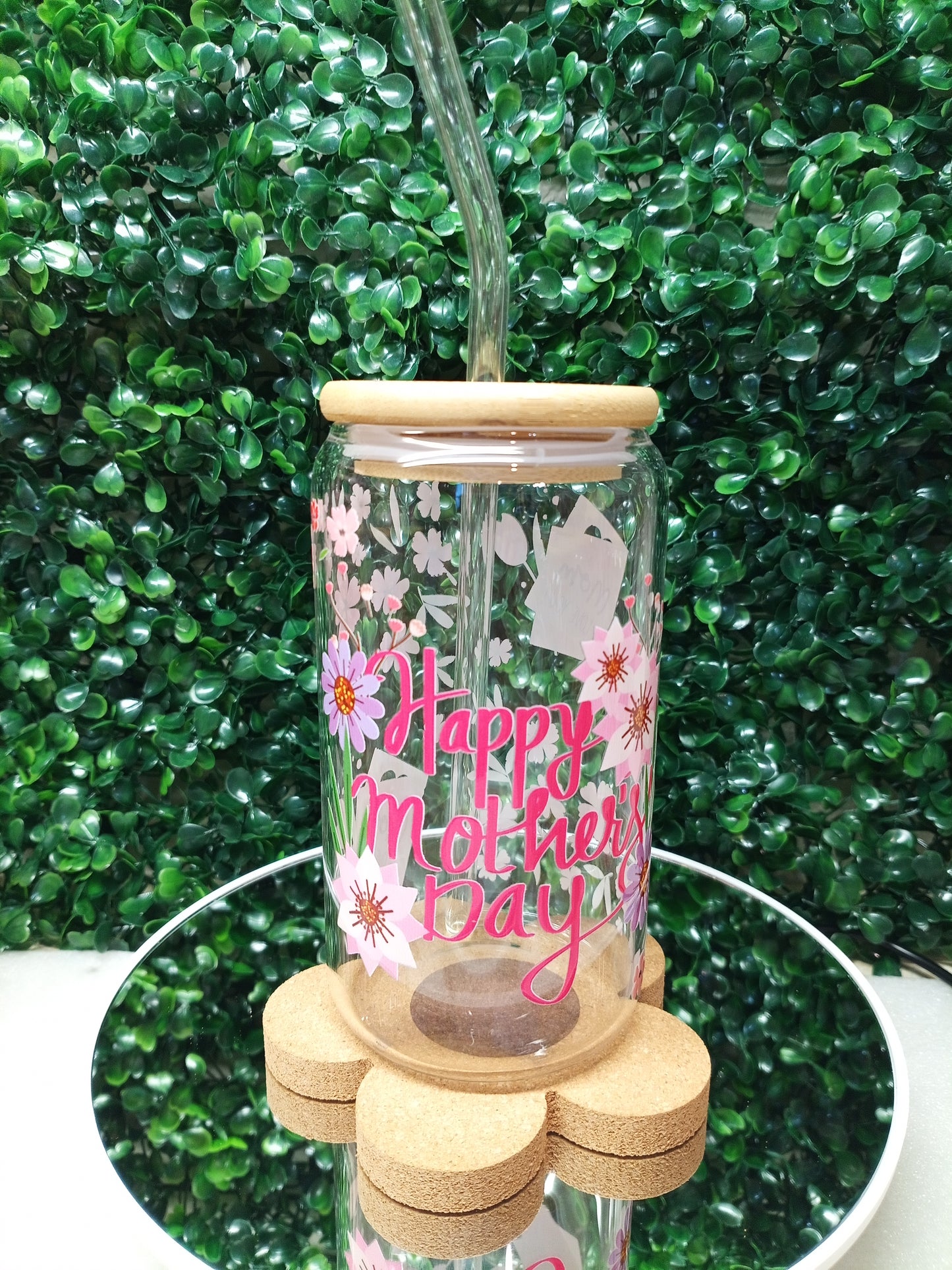 Happy Mother's day with Flowers Personalized Glass Cup 16oz & 20oz Gift For Mother's Day, Birthday,Tea, Coffee, Smoothie Glass cup