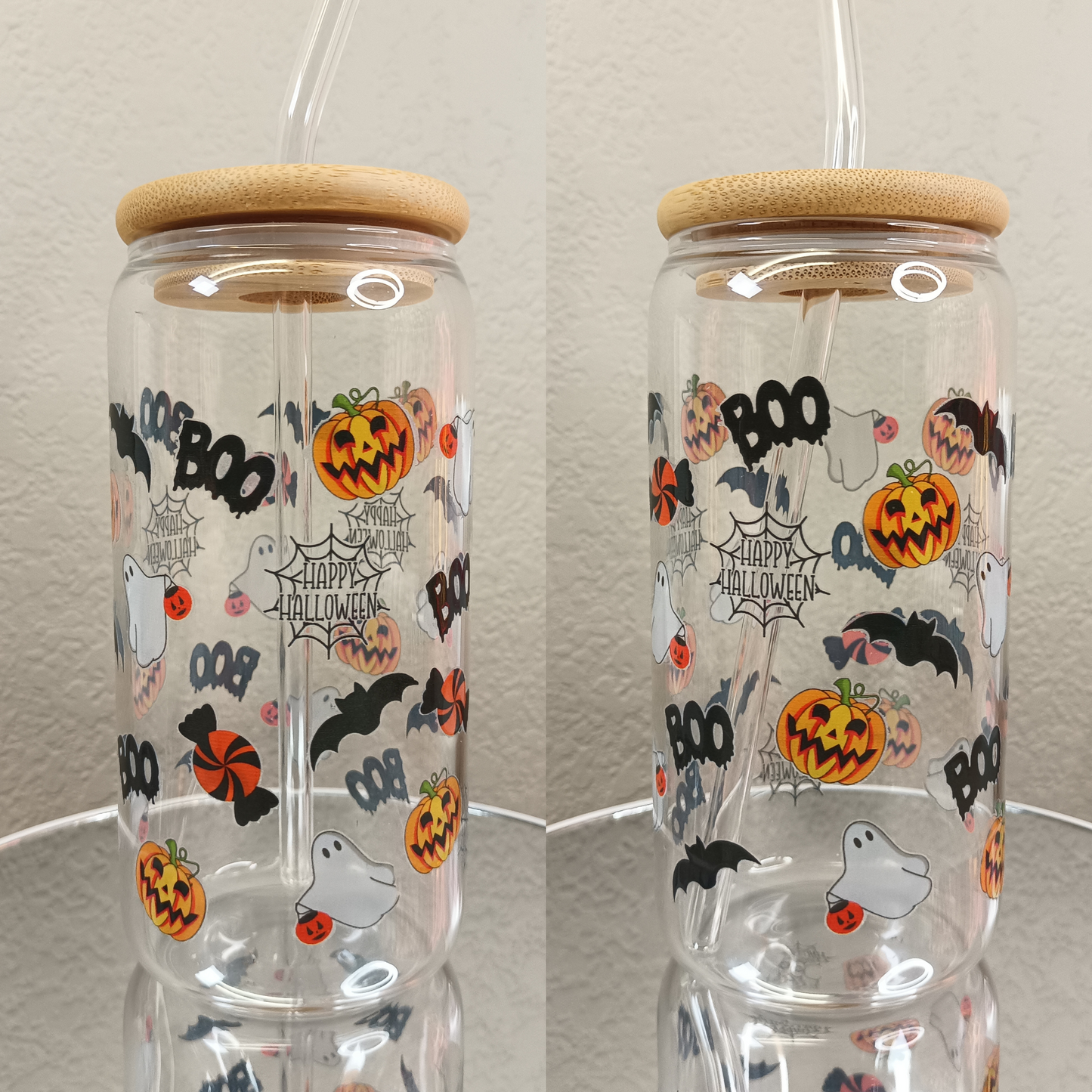 Halloween Clear Glass Cup with Bamboo Lid and Glass Straw – 16oz / 20oz