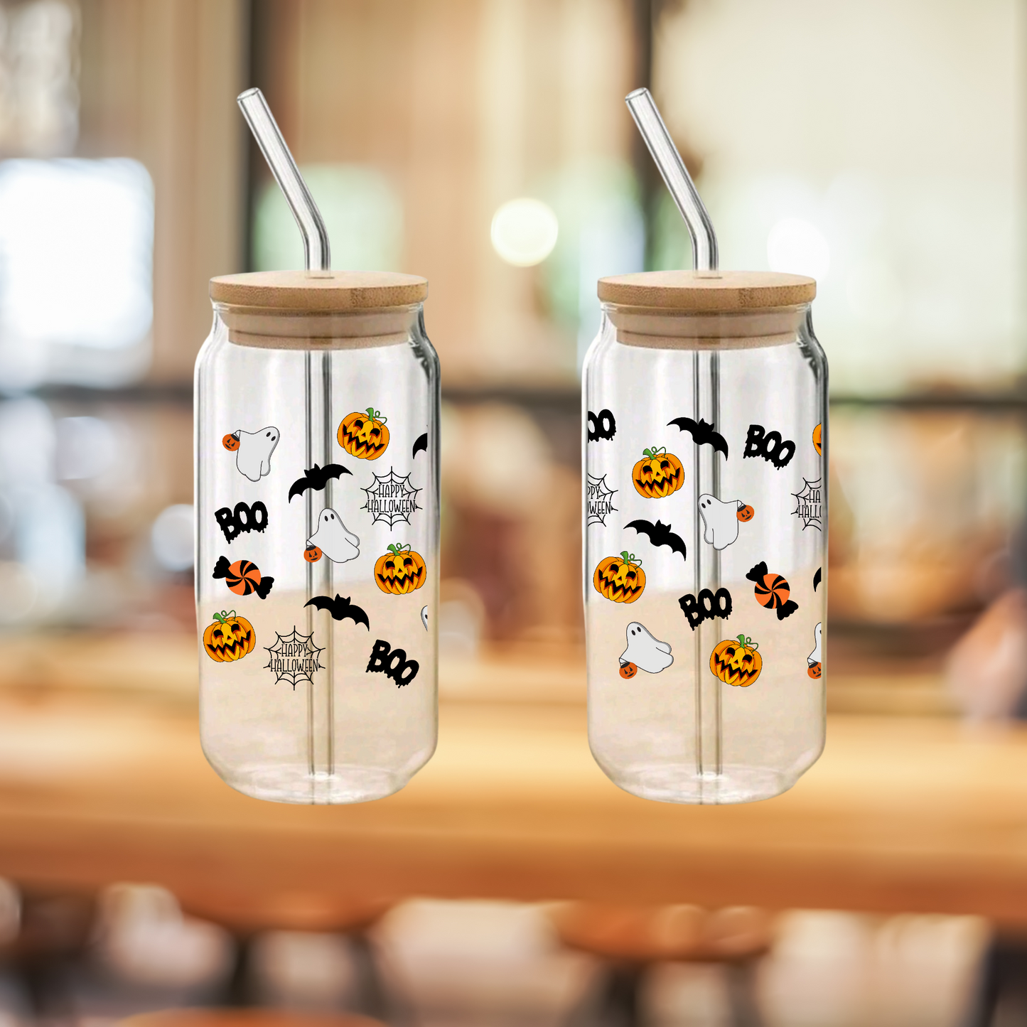 Halloween Clear Glass Cup with Bamboo Lid and Glass Straw – 16oz / 20oz
