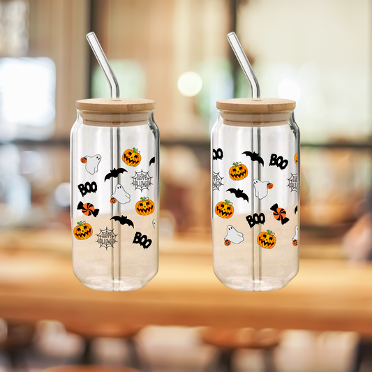Halloween Clear Glass Cup with Bamboo Lid and Glass Straw – 16oz / 20oz