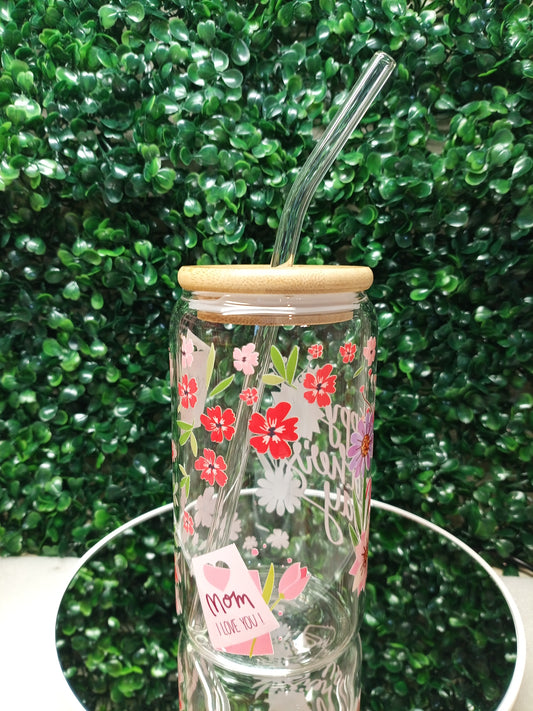 Happy Mother's day with Flowers Personalized Glass Cup 16oz & 20oz Gift For Mother's Day, Birthday,Tea, Coffee, Smoothie Glass cup