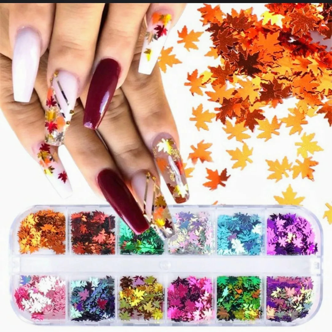 12 Colors Holographic Maple Leaf Nail Art Flakes Fall Leaf Glitter Nail Design
