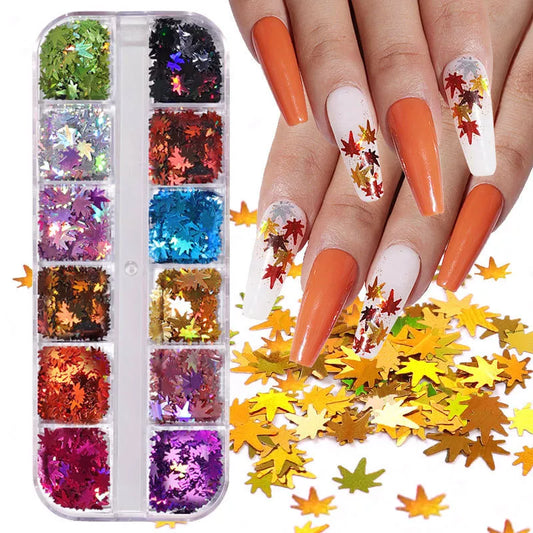 12 Colors Holographic Maple Leaf Nail Art Flakes Fall Leaf Glitter Nail Design