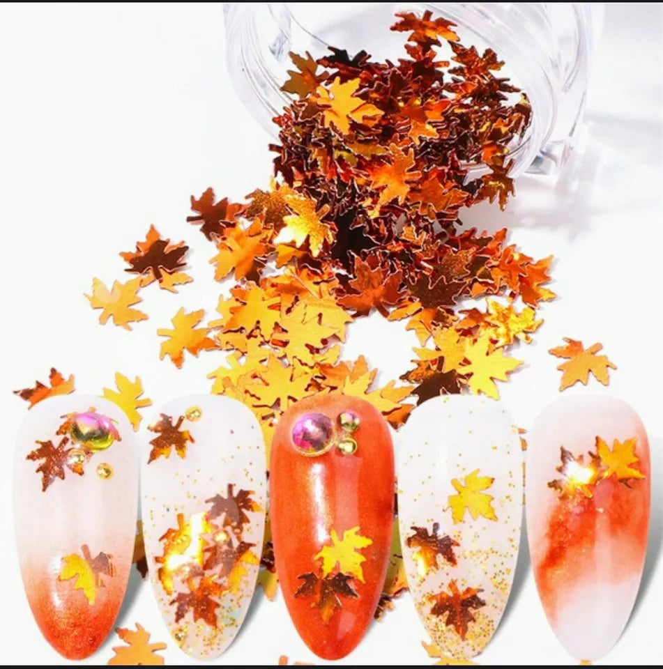 12 Colors Holographic Maple Leaf Nail Art Flakes Fall Leaf Glitter Nail Design