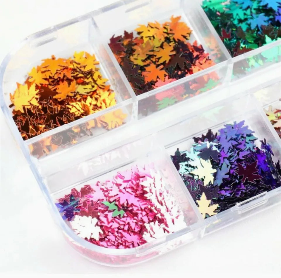 12 Colors Holographic Maple Leaf Nail Art Flakes Fall Leaf Glitter Nail Design