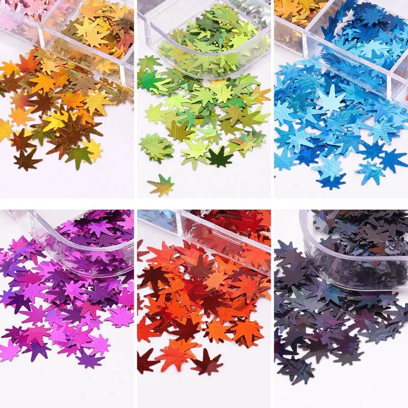 12 Colors Holographic Maple Leaf Nail Art Flakes Fall Leaf Glitter Nail Design