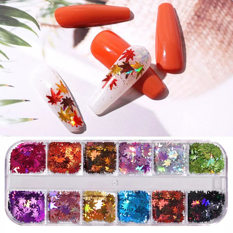 12 Colors Holographic Maple Leaf Nail Art Flakes Fall Leaf Glitter Nail Design
