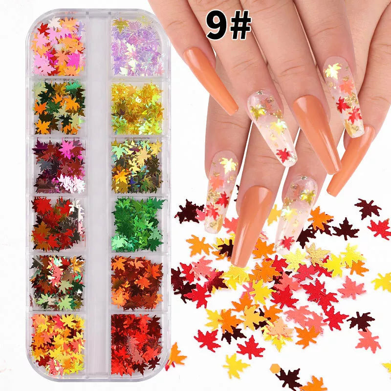 12 Colors Holographic Maple Leaf Nail Art Flakes Fall Leaf Glitter Nail Design