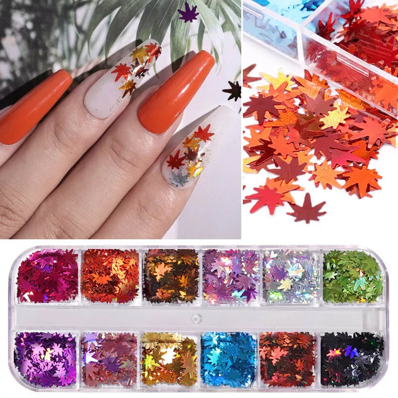 12 Colors Holographic Maple Leaf Nail Art Flakes Fall Leaf Glitter Nail Design